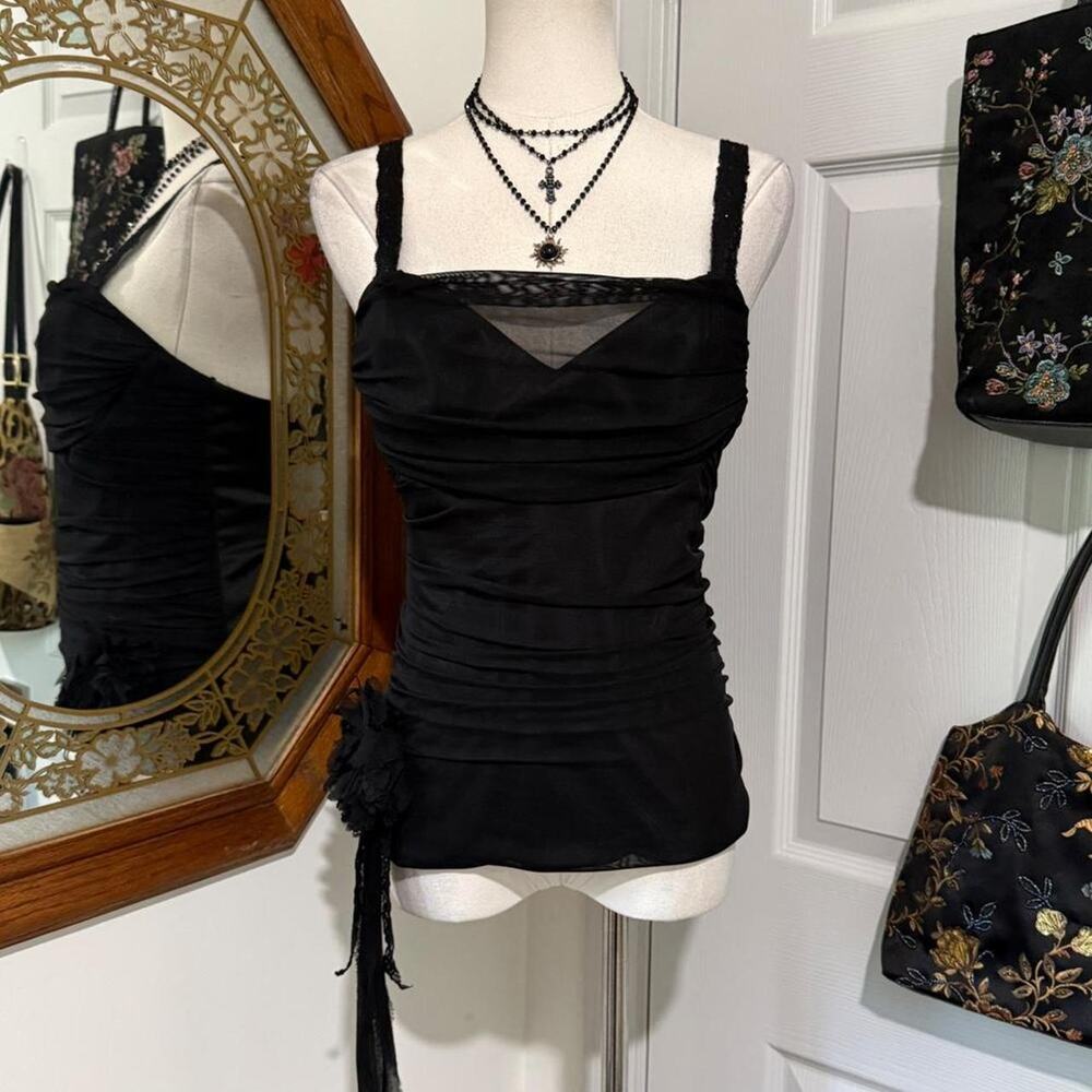 VTG Y2K Cache Black Ruched Mesh Cascading Lace Rosette Cami Top w Boning M/L